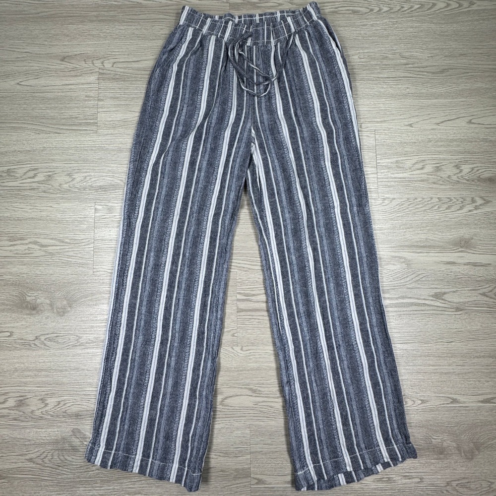 Briggs Women's Pants Linen Blend Striped Wide Leg Blue White Small Drawstring